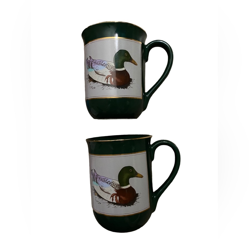 Otagiri Japan Mallard Duck Green Gold Trim Porcelain Coffee Mug Set Of 2